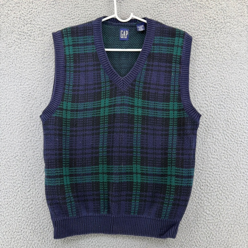 Vintage 90s GAP Black Watch Tartan Plaid Sweater Vest Mens V-Neck Navy Green